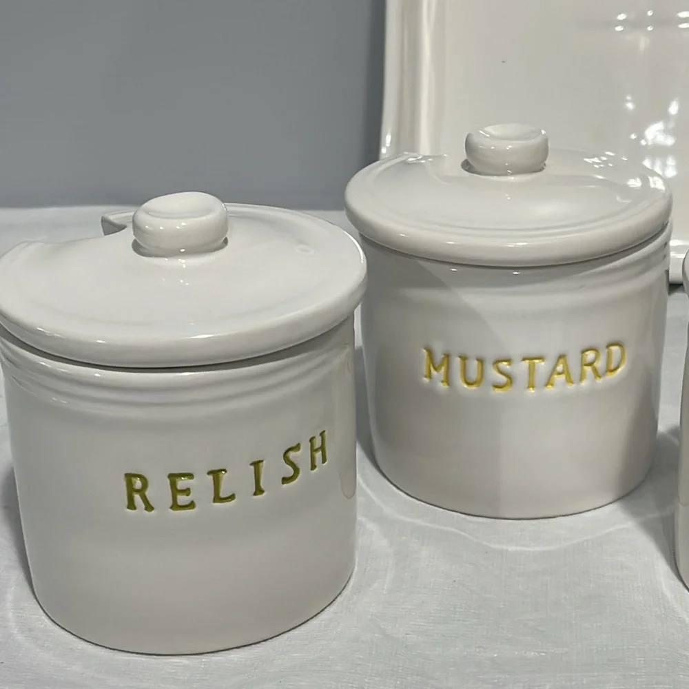 Williams-Sonoma BBQ Condiment Jar Set Ketchup Mustard Relish Mayo With Tray